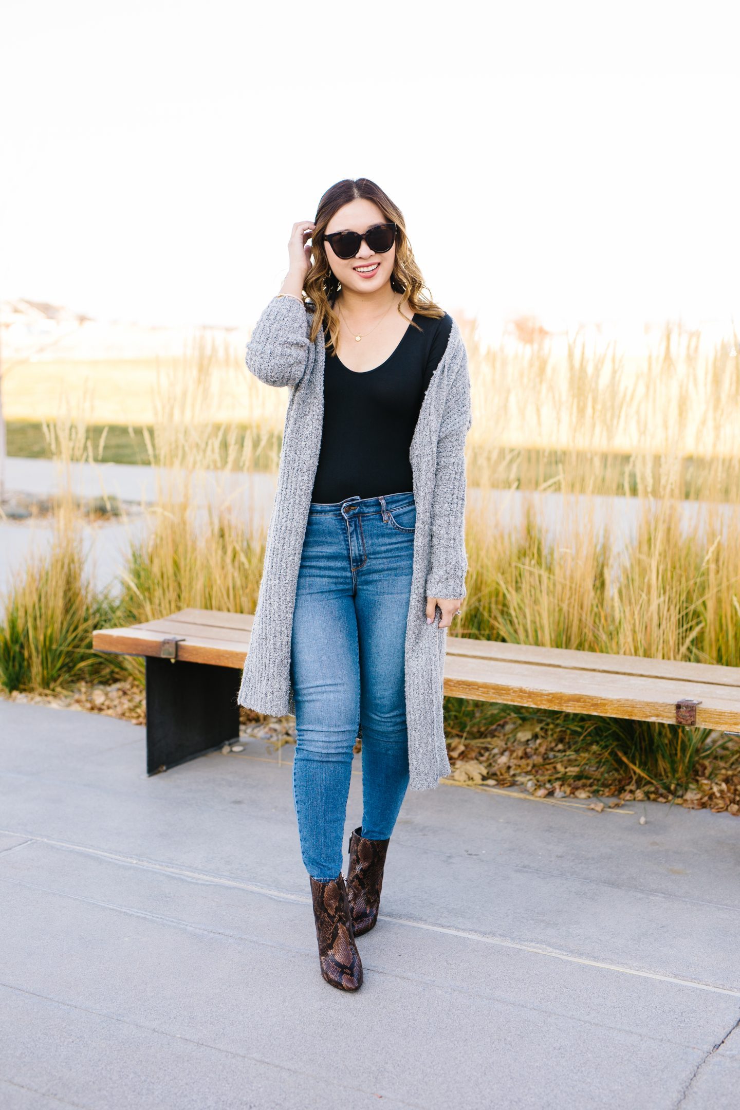 Casual Fall Outfit with Black Bodysuit and Grey Cardigan — Bodysuit Outfits