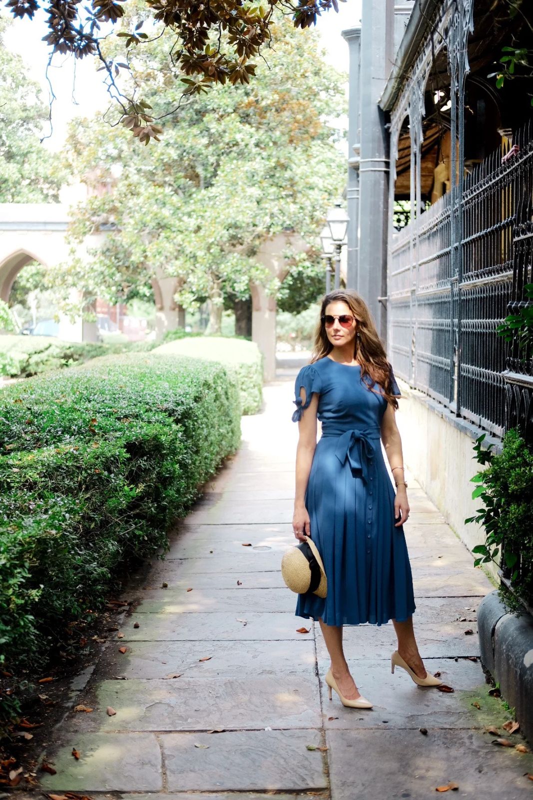 Blue Tie-Waist Midi Dress with Straw Hat Blue Tie-Waist Midi Dress with Straw Hat — Savannah Outfits