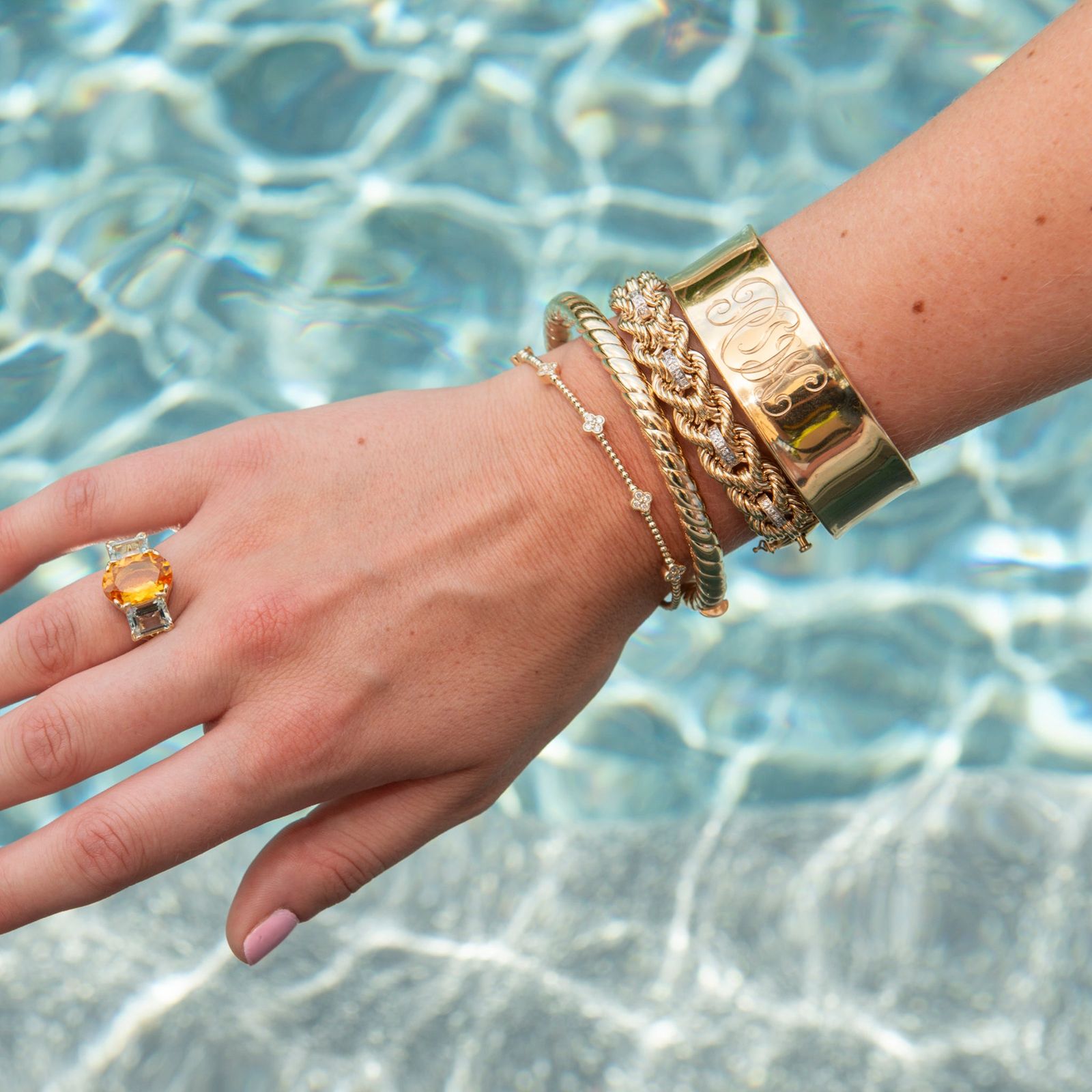 Engraved Gold Cuff with Diamond Chains and Blue Water — Bangle Stacks