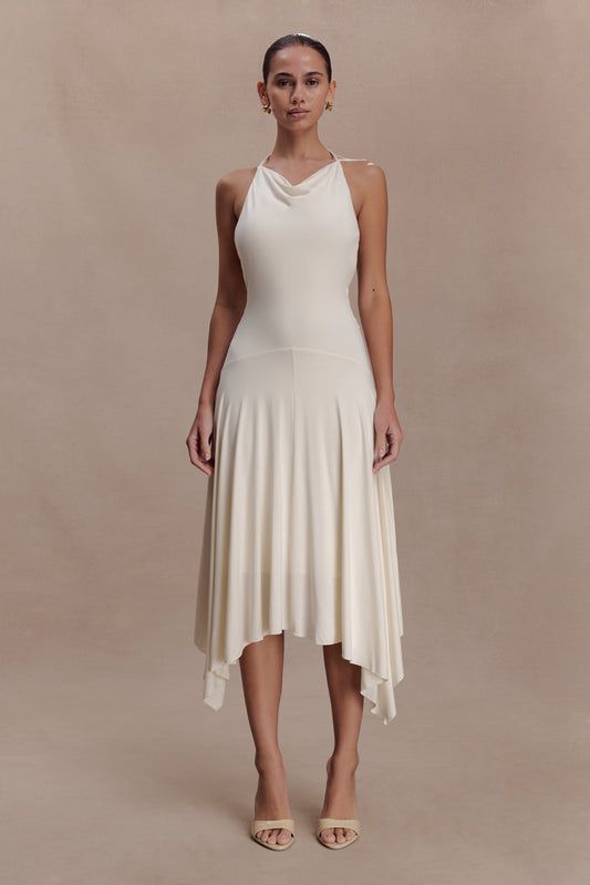 Ivory Cowl Neck Halter Dress with Handkerchief Hem Ivory Cowl Neck Halter Dress with Handkerchief Hem — Bridal Shower Dresses