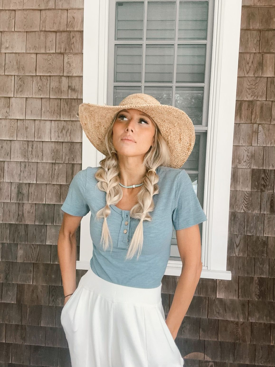 Blue Ribbed Top with White Wide-Leg Pants and Straw Hat — Nantucket Outfits