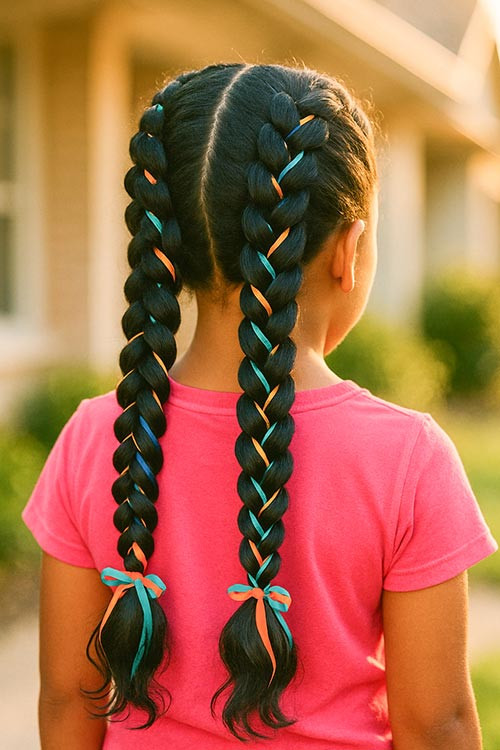 Thick Braids with Teal and Orange Ribbons — Toddler Braids