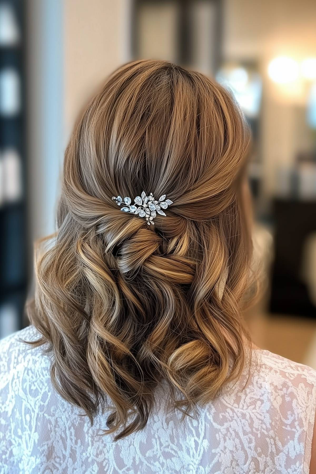 Half-Up with Sparkling Accessory and Loose Waves — Updos for Medium Hair