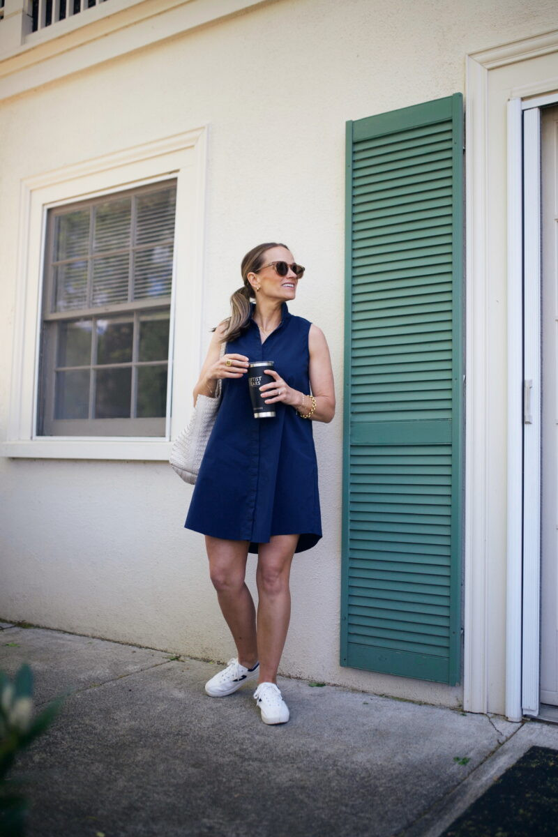 Navy Sleeveless Shirt Dress with White Sneakers — House Dresses