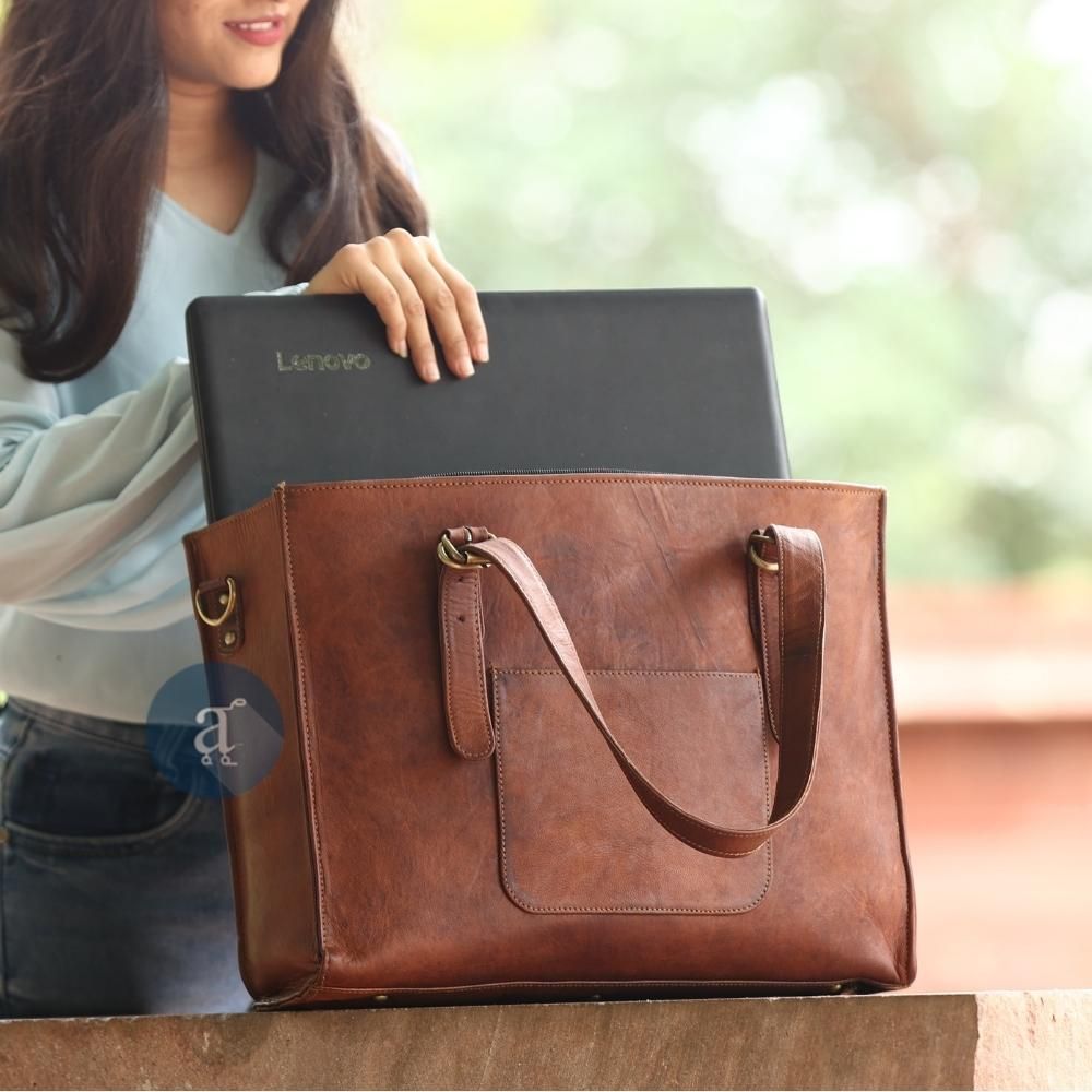 Large Brown Leather Tote for Everyday Use — Laptop Bags for Women