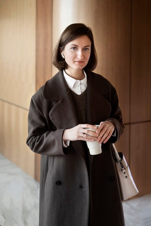 Cozy Dark Brown Wool Coat Over Professional Layers Cozy Dark Brown Wool Coat Over Professional Layers — Lawyer Outfits