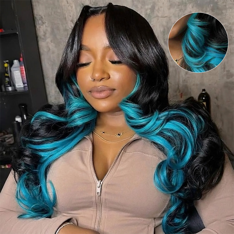 Black With Blue Highlights Loose Curls — Colored Wig Styles