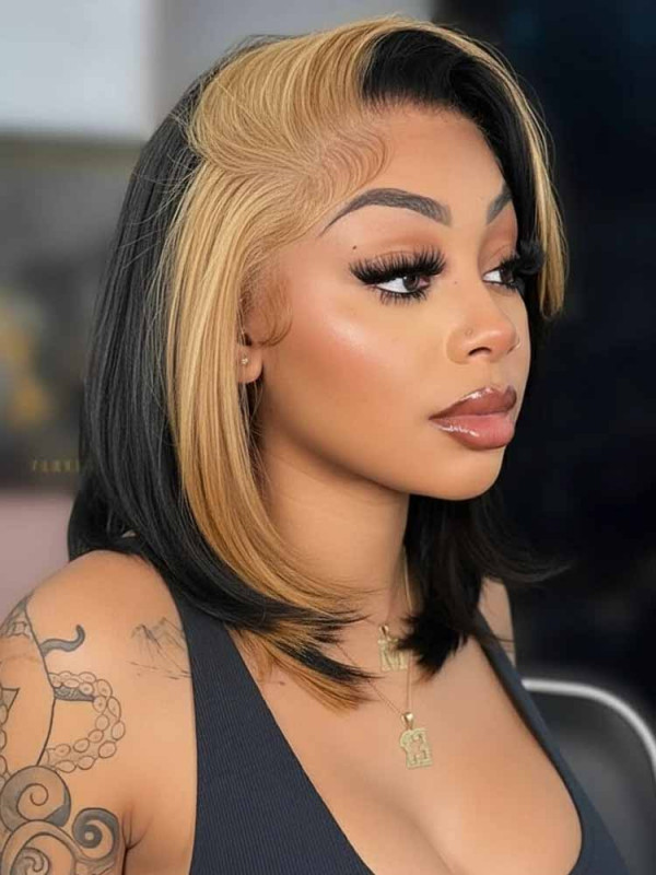 Collarbone Bob With Blonde Stripe Collarbone Bob With Blonde Stripe — Skunk Stripe Hair