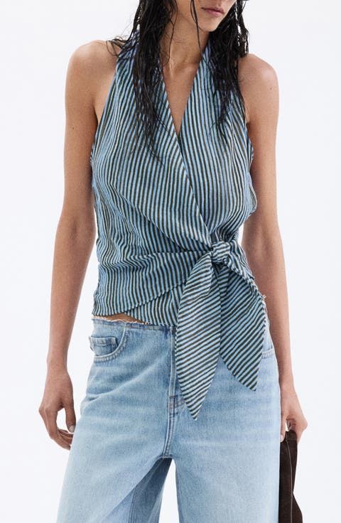 Striped Halter Wrap Top with Jeans — Halter Tops