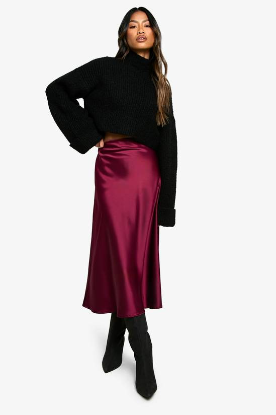 Burgundy Satin Midi Skirt with Turtleneck and Boots Burgundy Satin Midi Skirt with Turtleneck and Boots — Slip Skirts