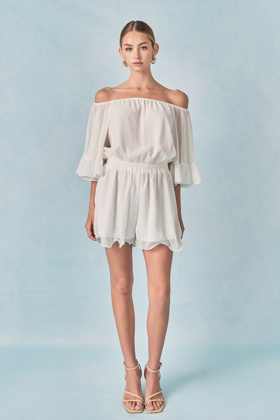 Elegant Evening: White Off-Shoulder Sheer Romper — Rompers