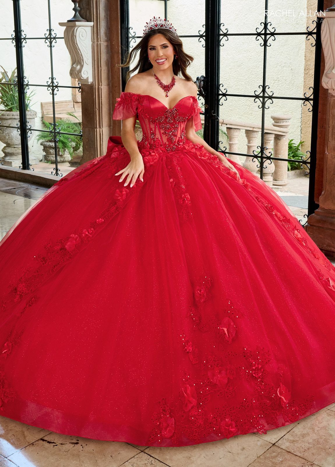 Vibrant Red Glitter Tulle Ball Gown with Floral Appliqués — Sweet 16 Dresses