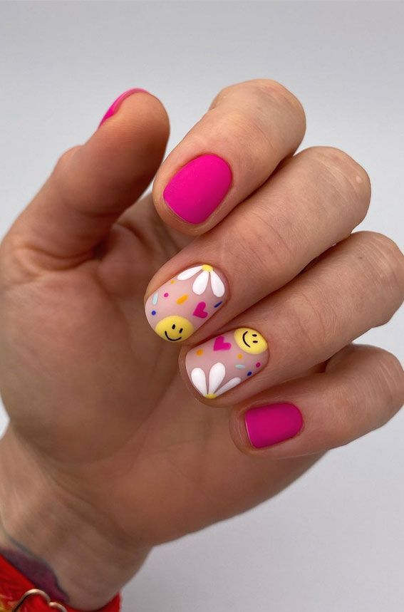 Matte Hot Pink With Sheer Smileys — Smiley Face Nails