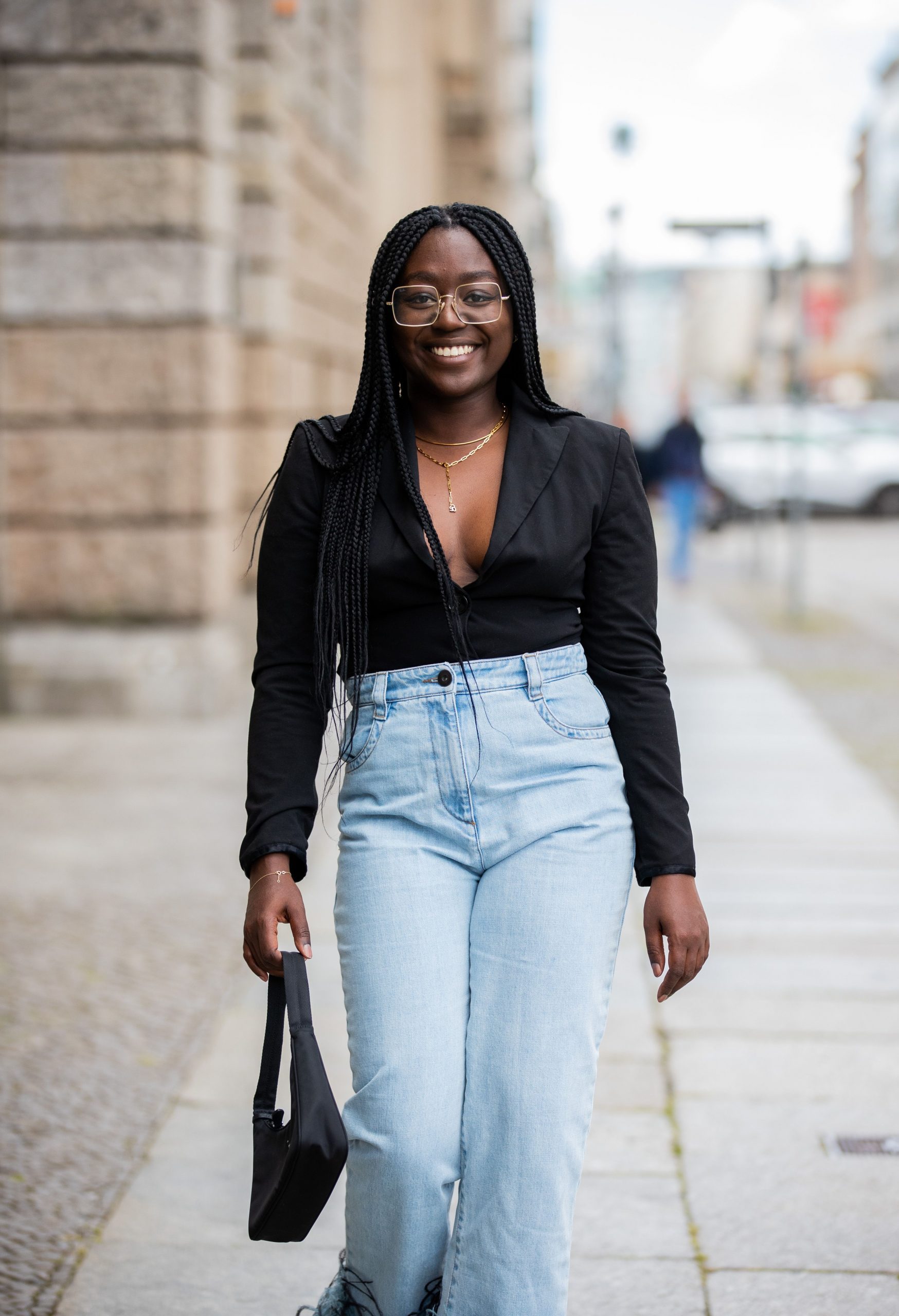 Light Wash Jeans, Plunging Top, and Black Blazer for Smart Casual — Denim Outfits