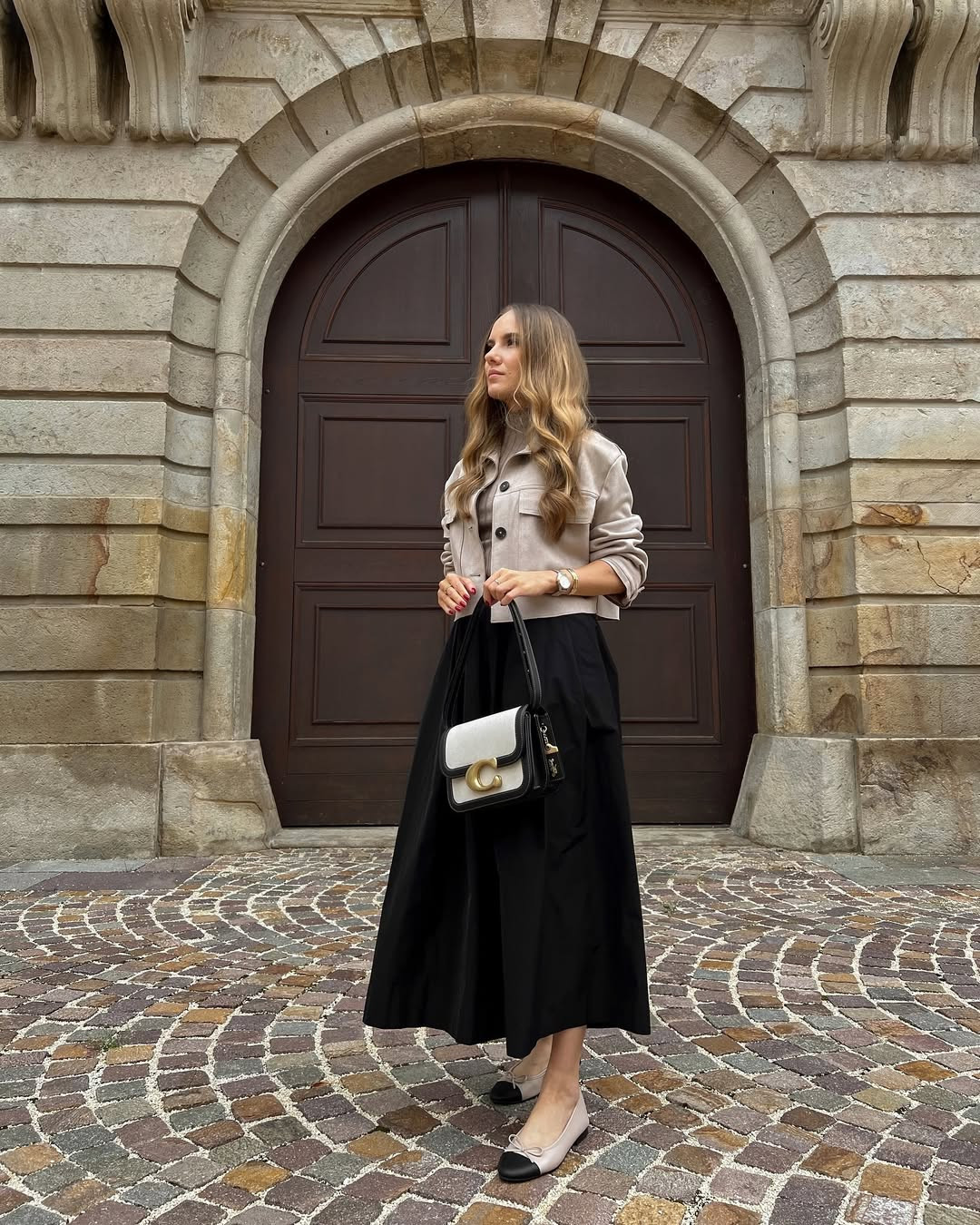 Cropped Jacket Over Turtleneck with Midi Skirt — Outfits for Inverted Triangle