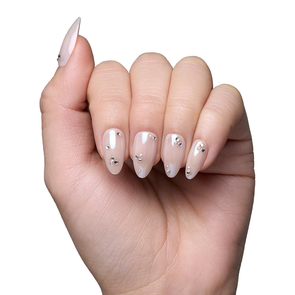 Subtle Milky White Almonds with Rhinestones Subtle Milky White Almonds with Rhinestones — First Acrylic Nails