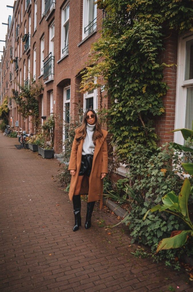Camel Coat Over Turtleneck and Leather Shorts Camel Coat Over Turtleneck and Leather Shorts — Amsterdam Outfits