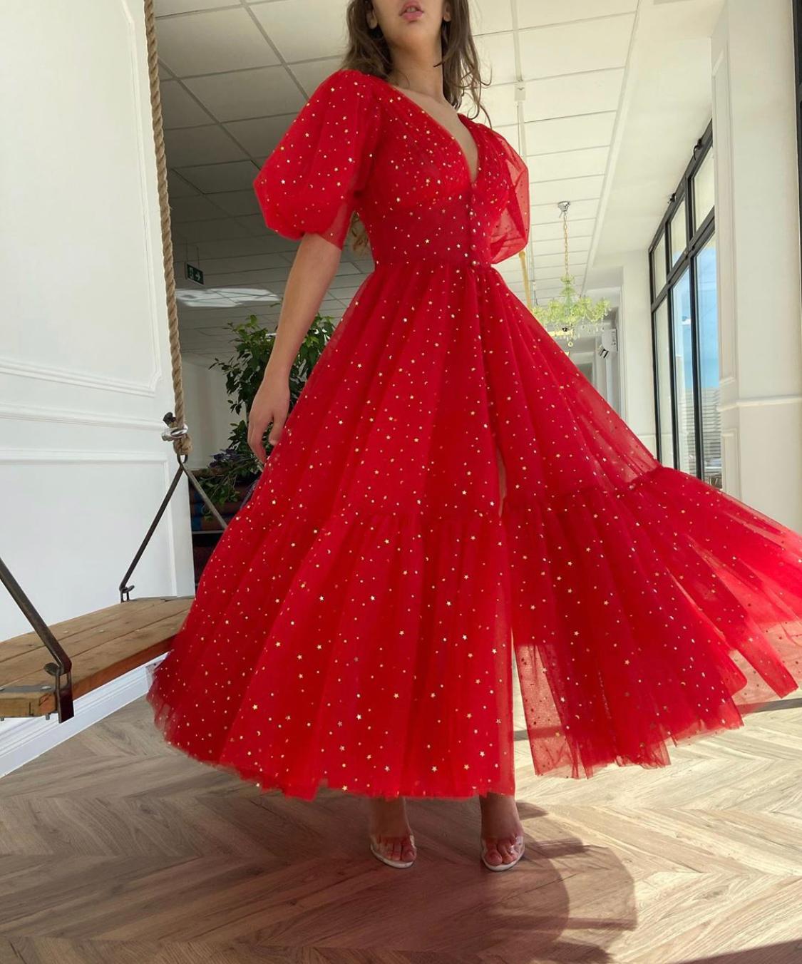 Whimsical Red Tulle Party Dress with Star Embellishments Whimsical Red Tulle Party Dress with Star Embellishments — Red Dresses