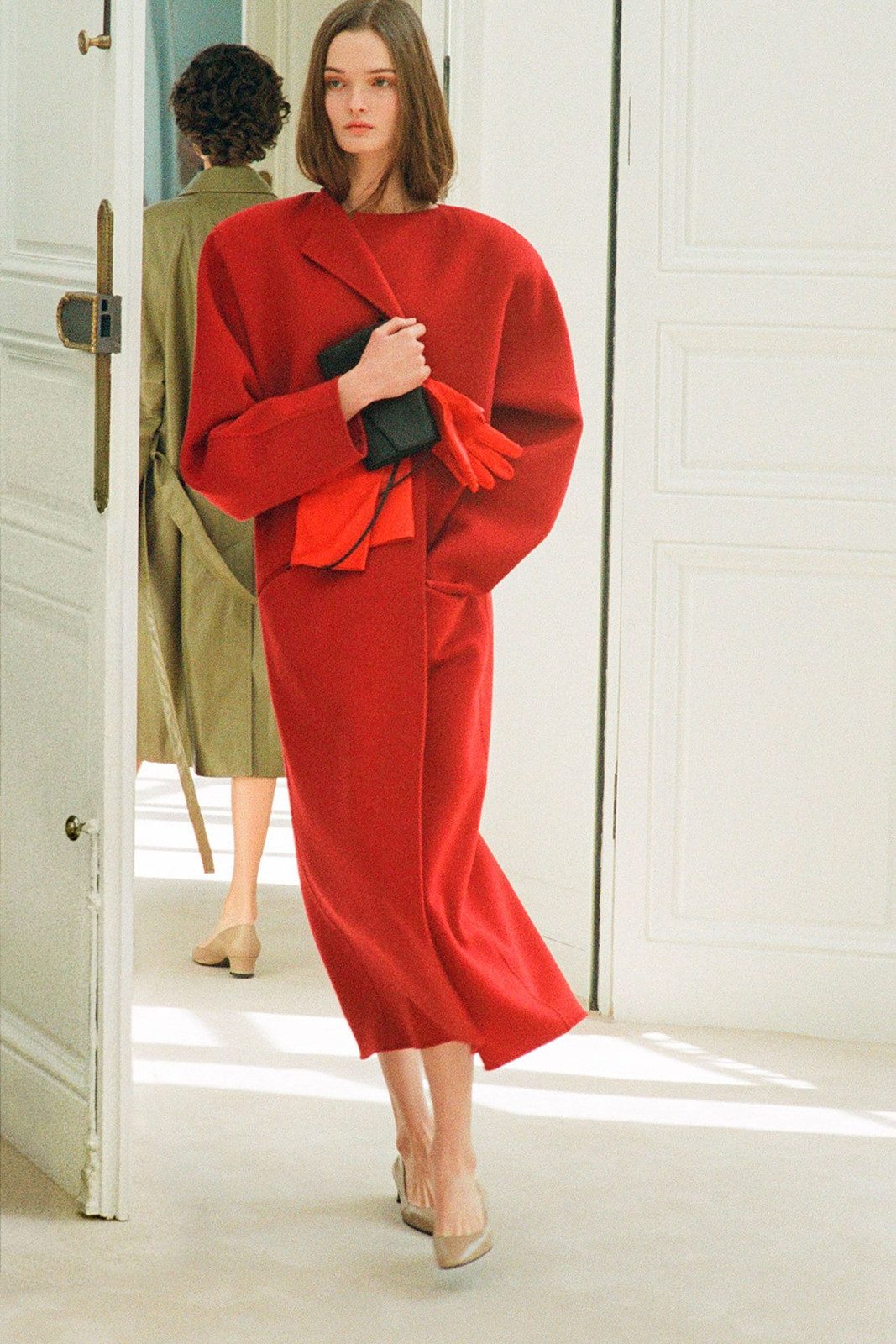 Nude Pumps with a Red Wool Coat Dress and Black Clutch — Pumps Outfits