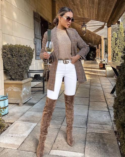 Plaid Blazer, Knit Sweater, and Over-the-Knee Boots for a Polished Winery Outfit — Winery Outfits