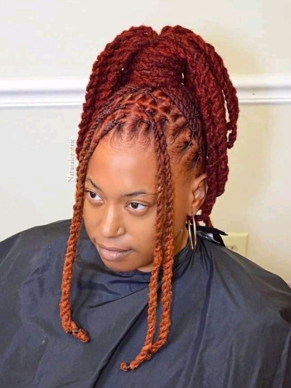 Vibrant Red High Ponytail With Braided Locs — Loc Ponytail