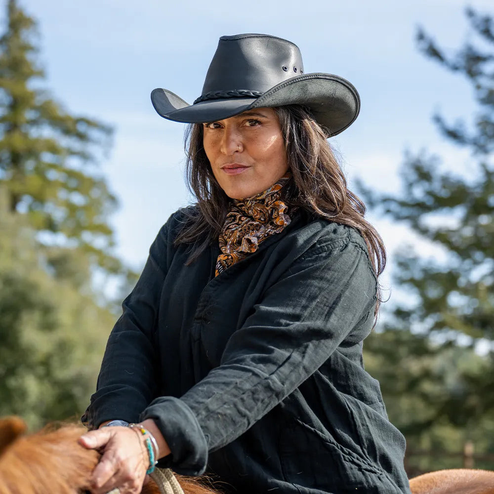 Leather Cowboy Hat with Scarf and Jacket — Cowboy Hat Outfits