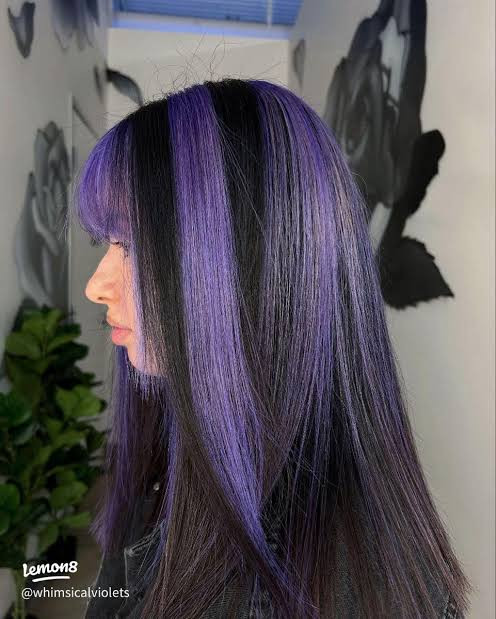 Bold Purple Stripes on a Black Bob Bold Purple Stripes on a Black Bob — Purple Highlights on Black Hair