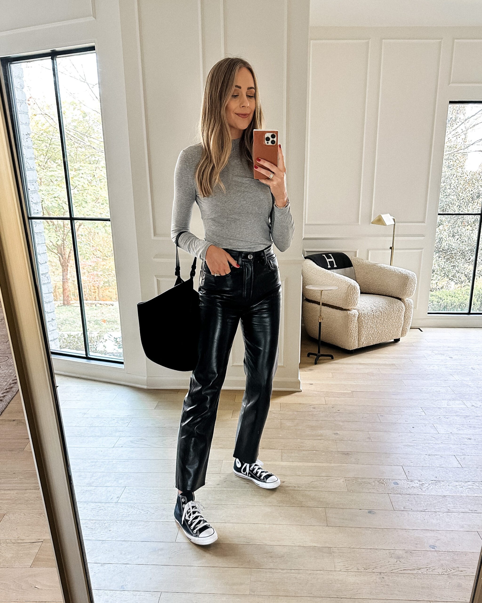 Sleek Casual: Black High-Tops with Faux Leather Pants — Converse Outfits
