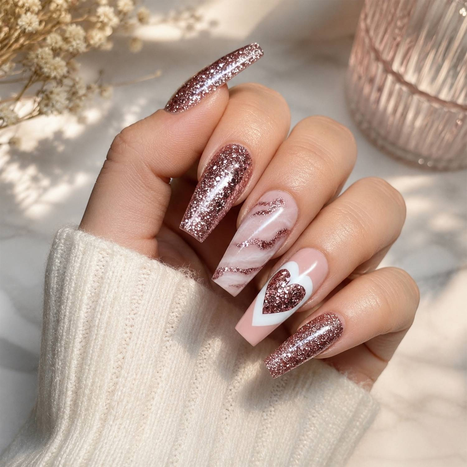 Rose Gold Glitter Coffin Extensions — Nail Extensions