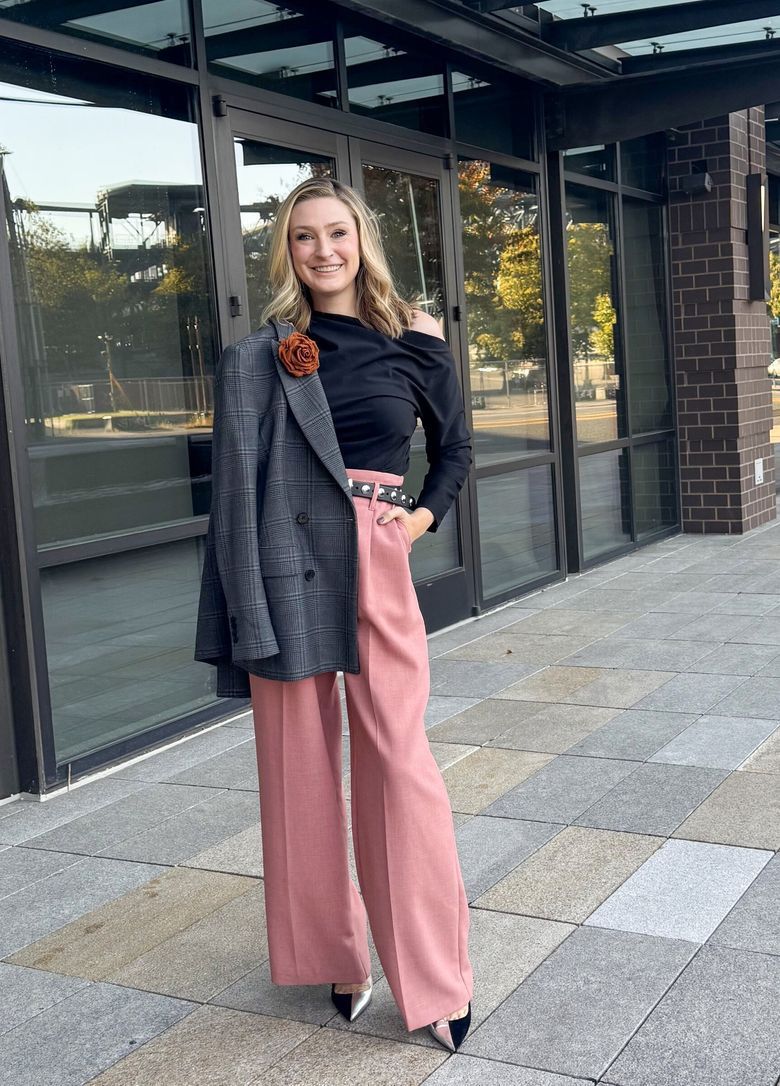Bold Pink Trousers with Plaid Blazer for Evening or Professional Bold Pink Trousers with Plaid Blazer for Evening or Professional — Seattle Outfits
