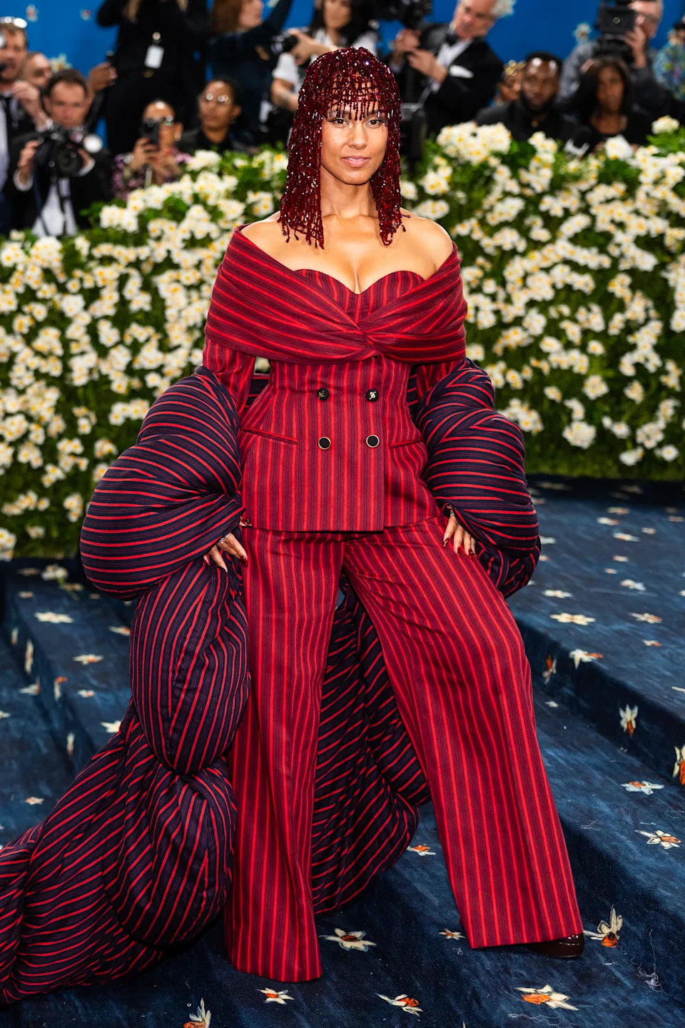 Striking Red and Navy Striped Suit with Voluminous Sleeves — Gala Outfits