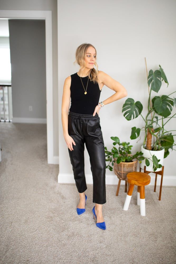 Chic Black Faux Leather Joggers with Royal Blue Heels Chic Black Faux Leather Joggers with Royal Blue Heels — Jogger Outfits