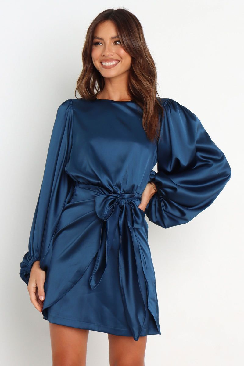 Deep Teal Satin Mini Dress with Dramatic Balloon Sleeves — Rush Dresses