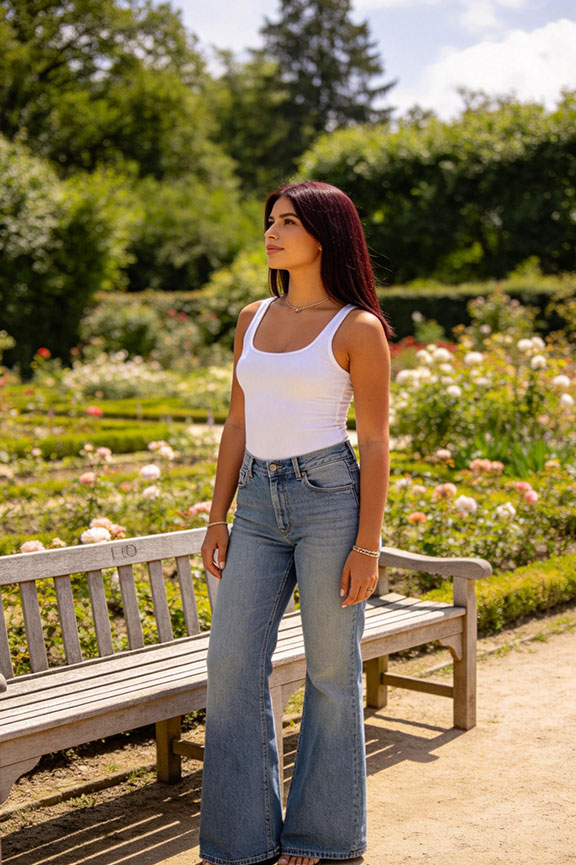 Effortless Simplicity: White Tank Top and Flared Hem Jeans — Wide Leg Jeans Outfits