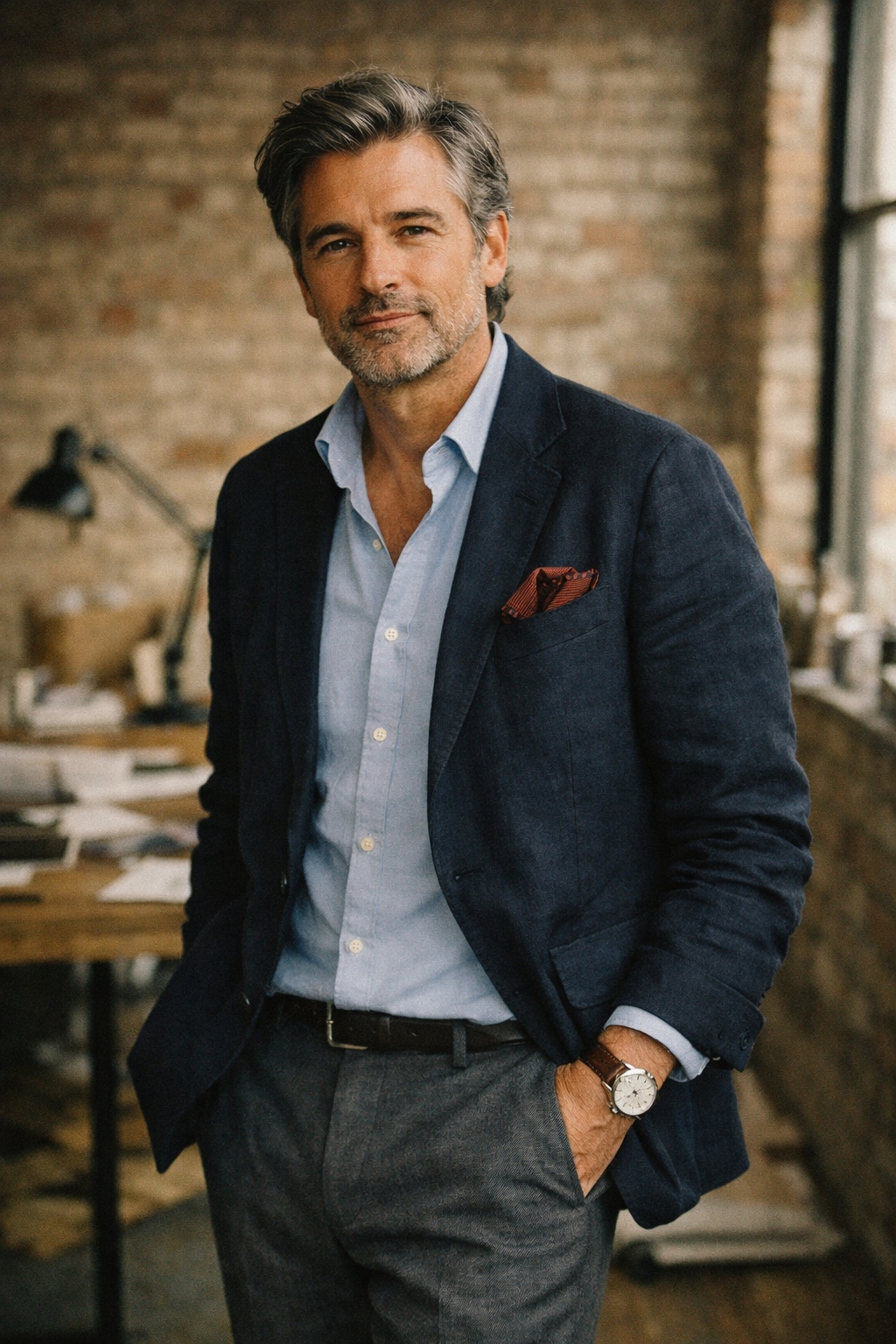Navy Blazer with Grey Trousers and Pocket Square Navy Blazer with Grey Trousers and Pocket Square — Outfits for Men