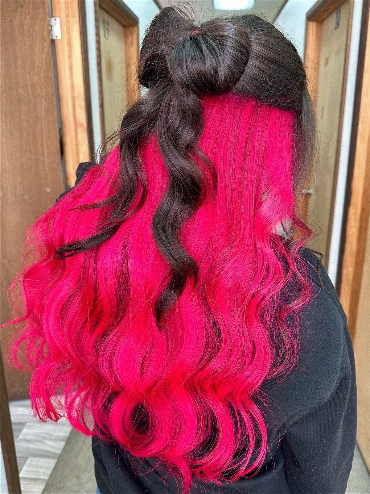Mid-Back Waves With Pink Ends And Bow — Hot Pink Hair