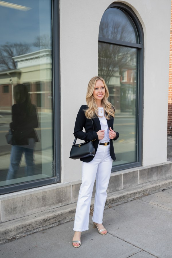 Sharp Tailoring: Black Blazer and White Jeans Sharp Tailoring: Black Blazer and White Jeans — White Jeans Outfits