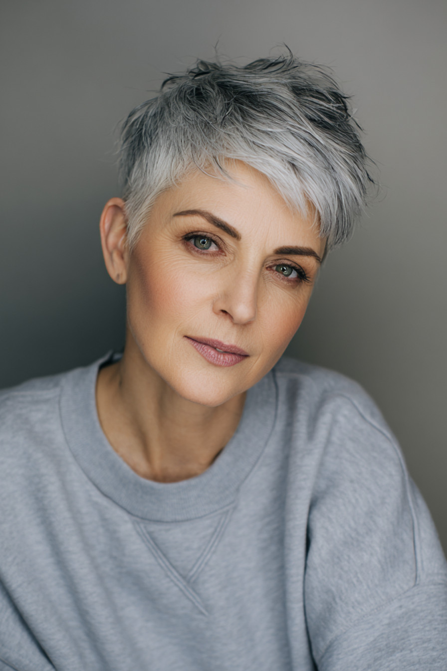 Silver Gray Textured Pixie Cut — Gray Blending Over 50