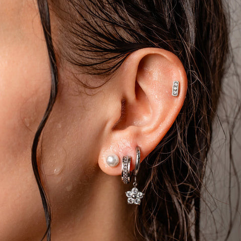 Silver Stack with Pearl Hoop and Flower Charm Silver Stack with Pearl Hoop and Flower Charm — Ear Stack Ideas