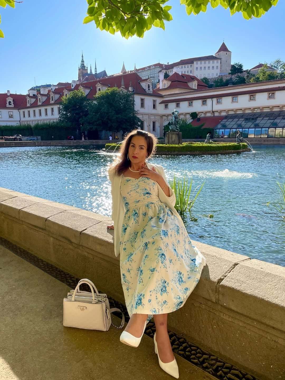 Floral Print Midi Dress with White Cardigan and Heels — Prague Outfits