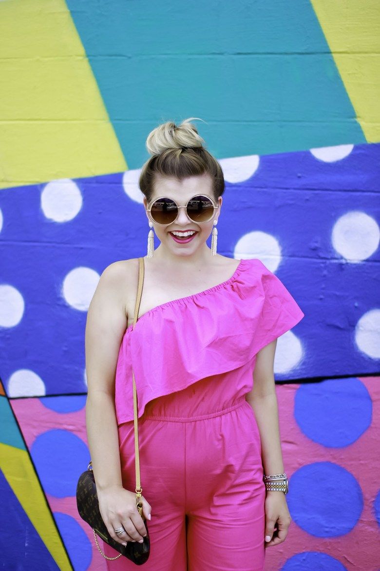 Playful Jumpsuit with Statement Accessories — Round Sunglasses Outfits