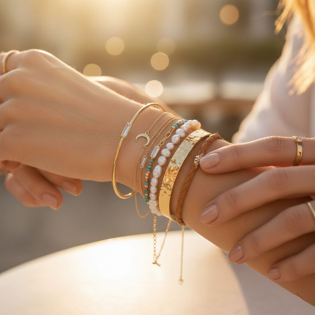 Diverse Gold Bracelet Stack with Ring Accents — Gold Jewelry Stack