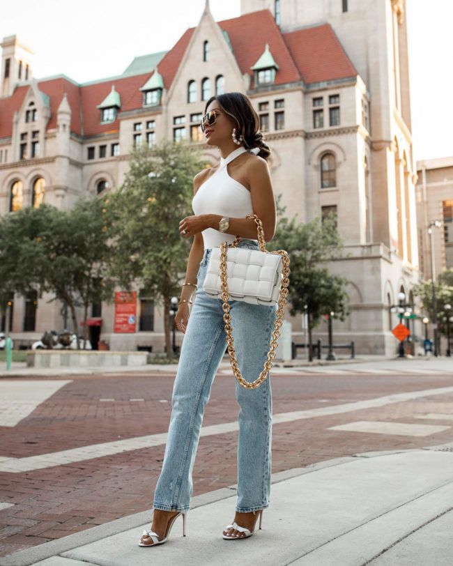 Casual Chic: White Halter Top and Jeans with a White Bottega Veneta Bag Casual Chic: White Halter Top and Jeans with a White Bottega Veneta Bag — Bottega Veneta Bag Outfits