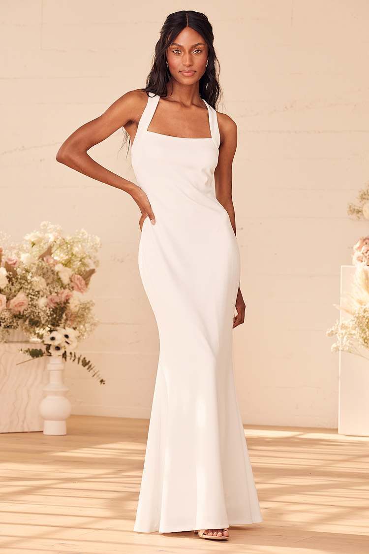 Minimalist White Square-Neck Maxi Dress with Mermaid Flare Minimalist White Square-Neck Maxi Dress with Mermaid Flare — Mermaid Dresses