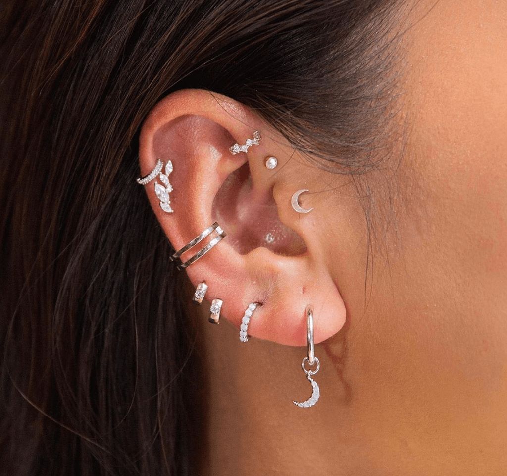 Celestial Silver Ear Curation with Moon Charm Hoops Celestial Silver Ear Curation with Moon Charm Hoops — Ear Piercing Ideas