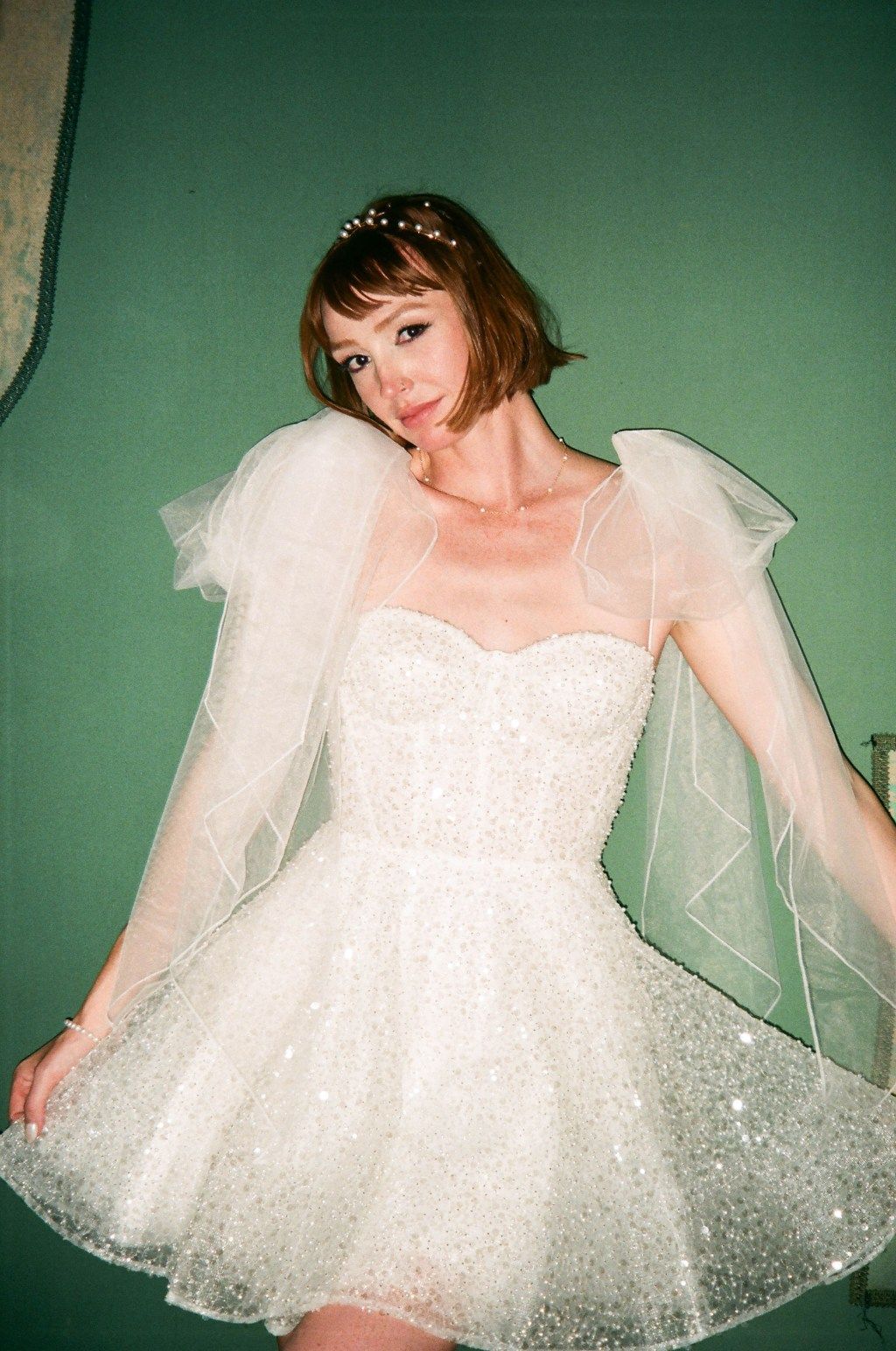 White Sequined Mini Dress with Voluminous Puff Sleeves — Party Dresses