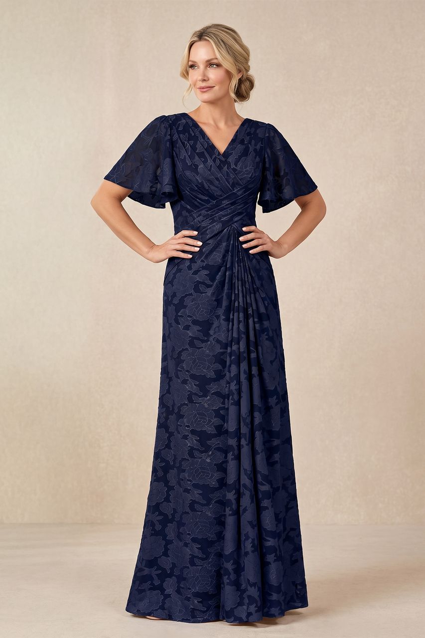 Navy Blue Jacquard Wrap Dress with Floral Pattern Navy Blue Jacquard Wrap Dress with Floral Pattern — Mother of the Bride Dresses