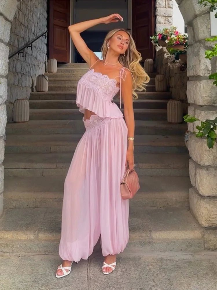 Feminine Pink Lace Crop Top with Voluminous Chiffon Pants Feminine Pink Lace Crop Top with Voluminous Chiffon Pants — Two Piece Sets