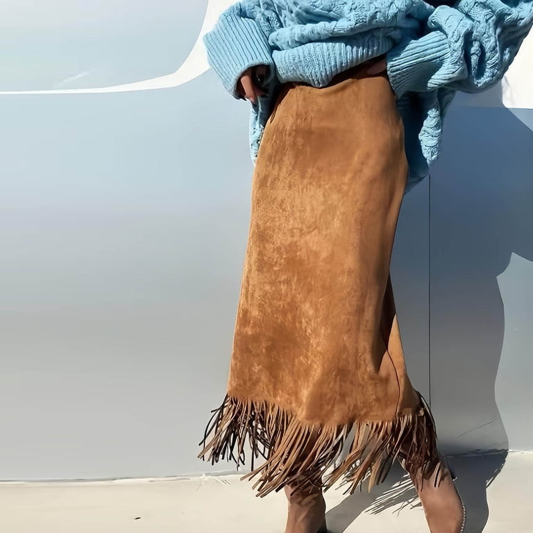 Faux Suede A-Line Skirt with Fringe Detail — A Line Skirts