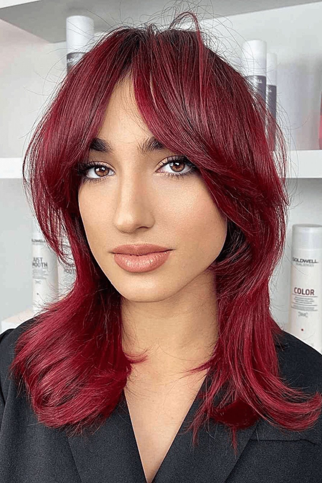 Cherry Red Shag With Curtain Bangs Cherry Red Shag With Curtain Bangs — Red Highlights